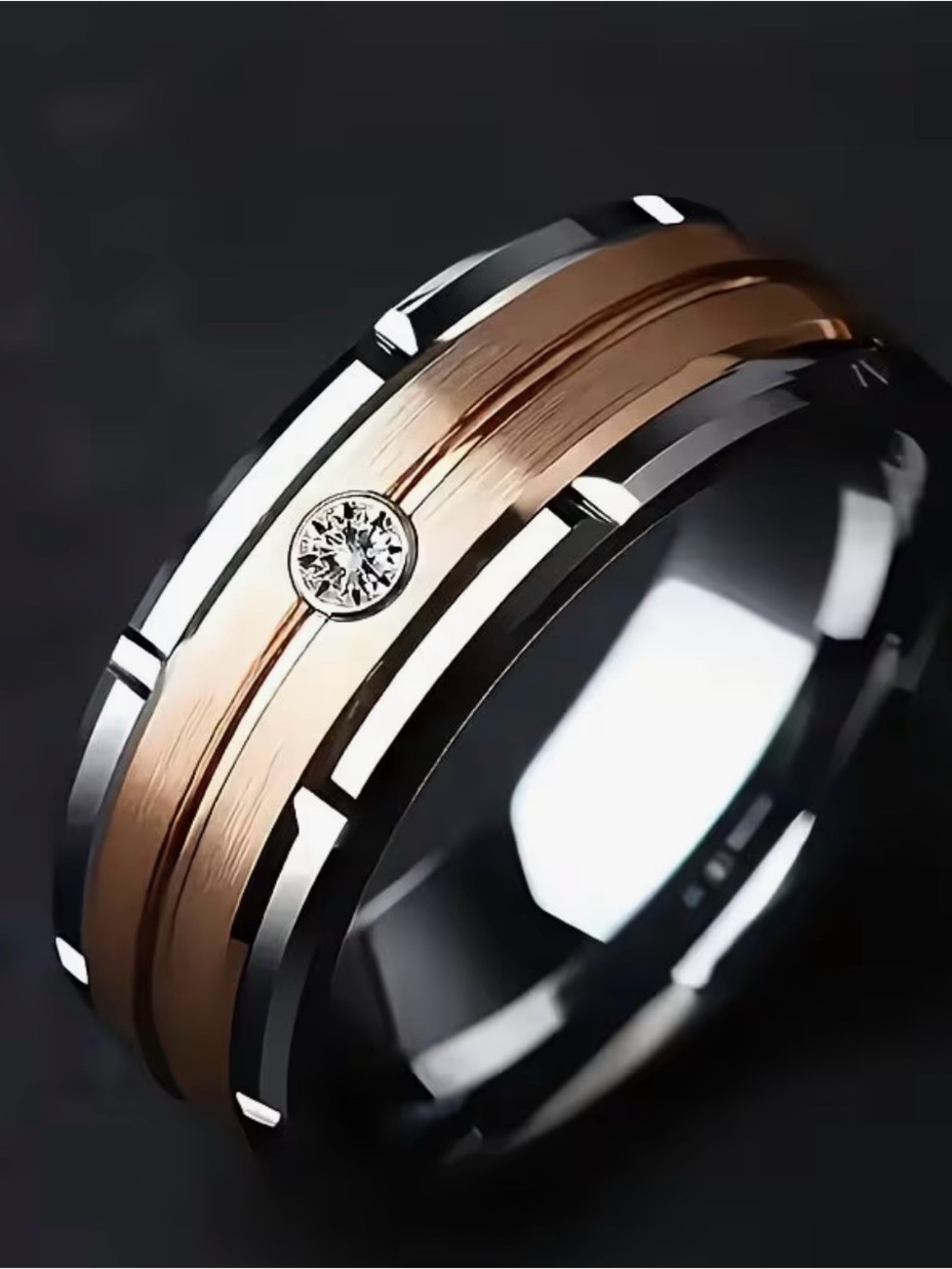 Men's Two-Tone Stainless Steel Wedding Ring with Center CZ Accent